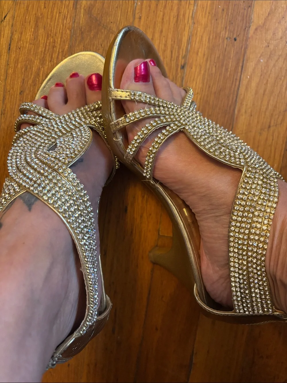Gold Rhinestone Evening Heels - Women Shoes
